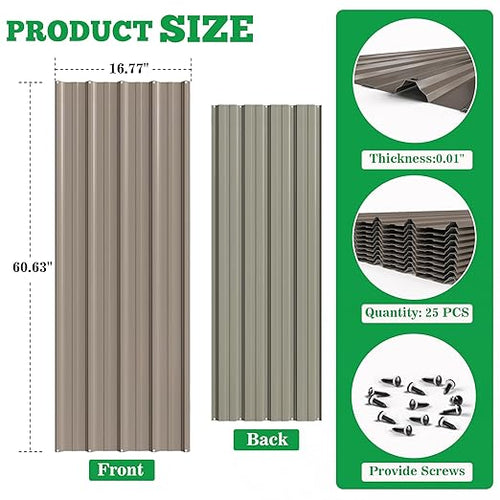 10pcs Metal Roofing Panels, 60.63'' L ×17.72'' W 72.98 ft² Corrugated Metal Sheets, Galvanized Steel Roof Fence Panels for Mobile Homes, Garages, Chicken Coop, Sheds, Stables, Patio, Warm Gray