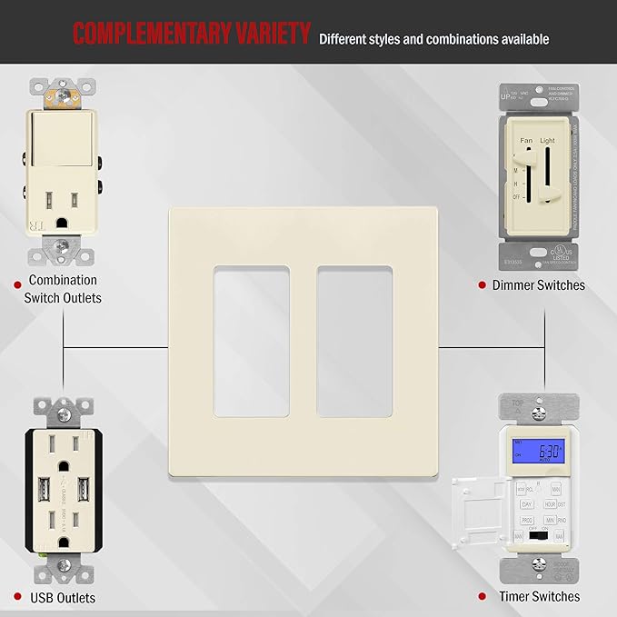 ENERLITES Screwless Decorator Wall Plate Child Safe Outlet Cover, Size 2-Gang 4.68" H x 4.73" L, Unbreakable Polycarbonate Thermoplastic, SI8832-LA, Glossy, Light Almond