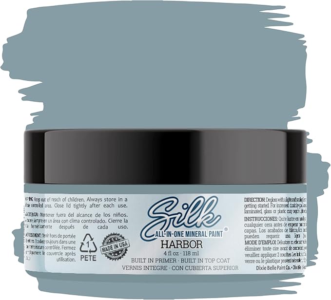 Dixie Belle Silk All-in-One Mineral Paint - Harbor (4oz) - Pale Blue Water Based Built-In Primer + Topcoat for Wood + Metal - Durable Furniture Paint - Low Reflective Finish