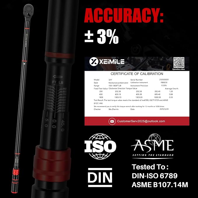 3/4" Drive Click Torque Wrench-150-1000Ft.Lb for Truck,HD Vehicles | Adjustable Inch Pound Torque Wrench(203-1355Nm), 48T Dual-Direction 3% Precision for Tractor Heavy Equipment Farms RV