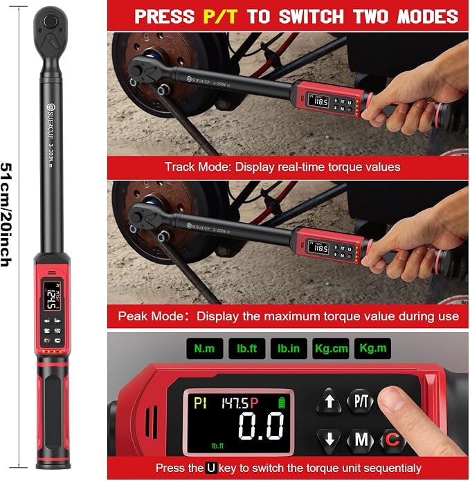1/2" Digital Torque Wrench, 2.2-147.5Ft.Lb/3-200N.m, ±1% Accuracy | Electronic Torque Wrench, Vibration, Buzzer, LED Flash,9 Presets & 5 Units for Engine/Suspension, Lug Nut, Car & Moto Repair