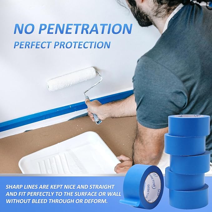 SEBETOW 10 Rolls Painters Tape 2 inch Bulk Painter Tape Blue Wide Roll, Blue Masking Tape, 2 Inches x 55 Yards for General Purpose Wall Painting, Home Improvement