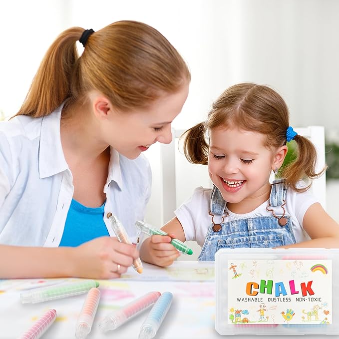 Dustless Chalk for Kids Toddlers - Colored Sidewalk Chalk with Holder 12 Pcs Non-Toxic Washable Outdoor Toddlers 1-3 Toys Gifts for Girls Boys Teens Drawing Art Supplies Art Crafts 4-8 8-12 10-12