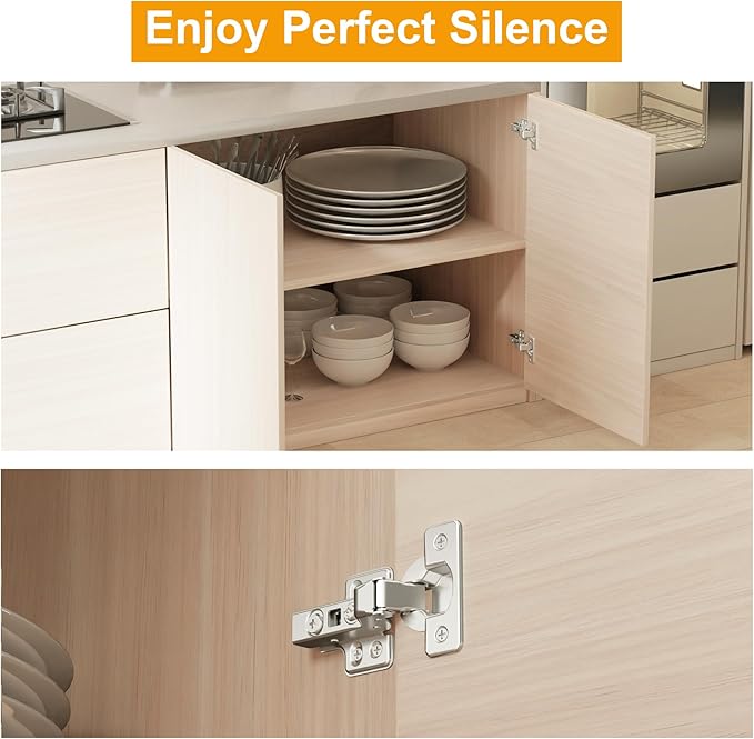 4pcs Professional Grade Inset Soft Close Cabinet Hinges, Frameless Concealed European Style with Four-Hole Clip-On Mounting Plate and Screws, Nickel Plated Finish