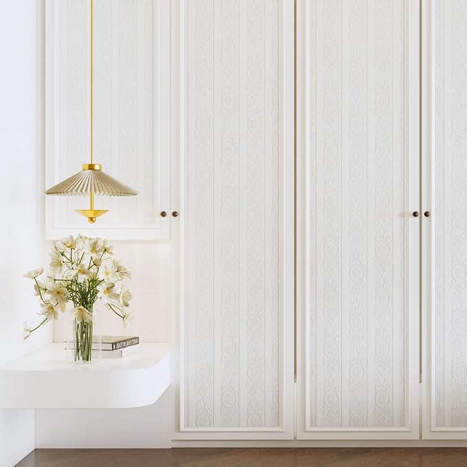 White 3D Embossed Textured Peel Stick Wallpaper 17.3"x400" | Removable Renter Friendly Contact Paper, Waterproof Self Adhesive Wallpaper for Bedroom, Bathroom, Decor,48 sq.