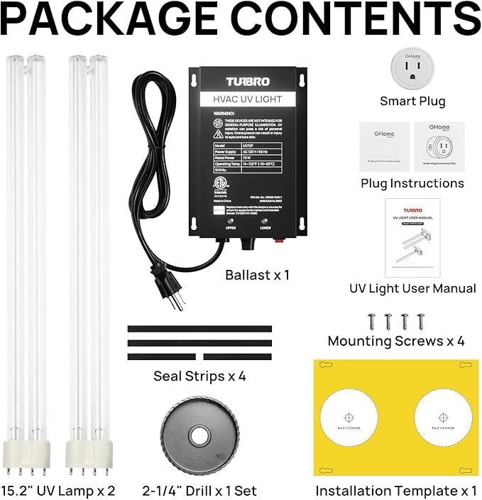 TURBRO 72W UV Sanitizer Lamp with Smart Plug, ETL&CARB Listed, Ozone Free Ultraviolet Light with Timer Outlet, Air Purifier for HVAC Units and Ducted Systems, WiFi Control, Direct Plug-In 120V, UV72PW