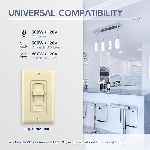 ECOELER Slide Dimmer Switch, Single-Pole/3 Way, Full Range Dimming for 300W Dimmable LED/CFL Lights and 600W Incandescent/Halogen, Wall Plate Included, ETL Listed, Ivory, 2 Pack