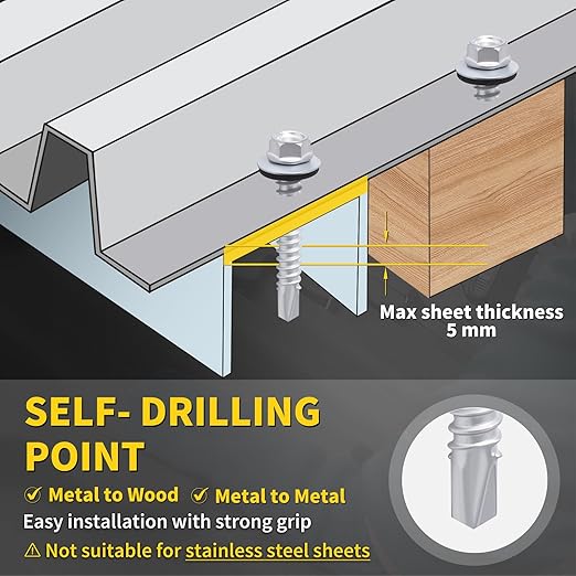Metal Roofing Screws #12 × 1", 300 PCS, FIXLINK RUSPERT Hex Head Rubber Washer Sheet Metal Roof Screws Self Drilling Metal to Wood Siding Screws, Hex Socket Included, Silver