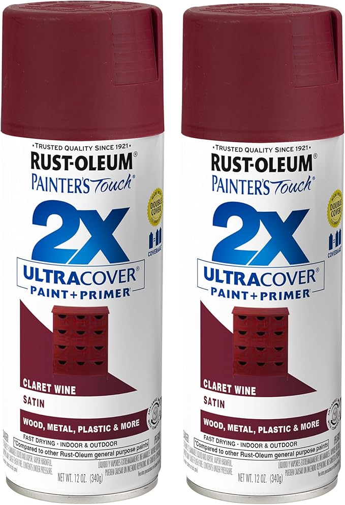 Rust-Oleum 334062-2PK Painter's Touch 2X Ultra Cover Spray Paint, 12 oz, Satin Claret Wine, 2 Pack