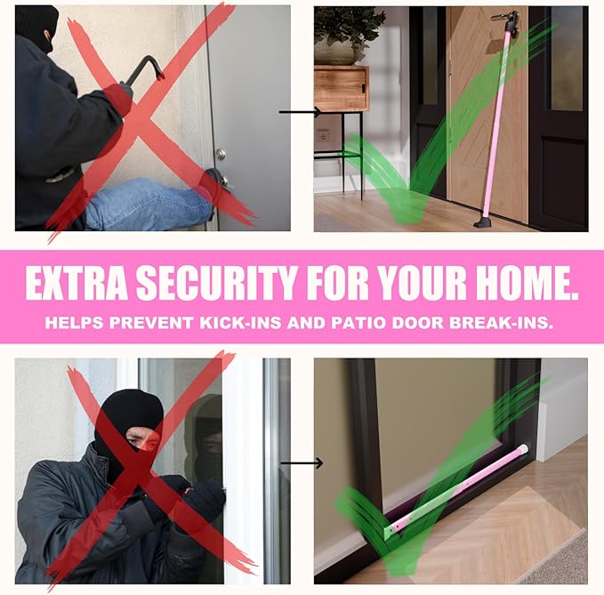 SECURITYMAN 3-in-1 Door Security Bar, Security Door Stoppers & Door Barricade – Heavy Duty Adjustable Iron Security Lock Bar for Home Defense, Apartment & Travel Safety (1 Pack - Pink)