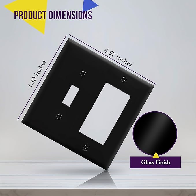 ENERLITES Combination Toggle Light Switch/Decorator Light Switch Plate, Double Switch Wall Plate, Standard Size 2-Gang 4.50" x 4.57", Polycarbonate Thermoplastic, 881131-BK, Black