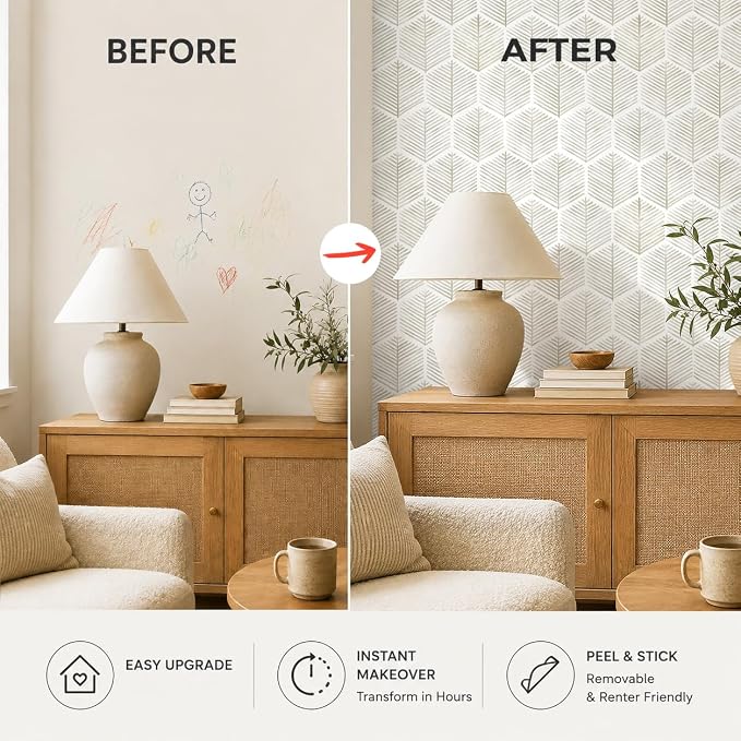 MelunMer Geometric Peel and Stick Wallpaper Boho Beige White 17.3''×591'' | Beige Modern Self Adhesive Removable Wallpaper for Bathroom Waterproof Cabinets Drawer, Decor Easy to Install Renter Friendly
