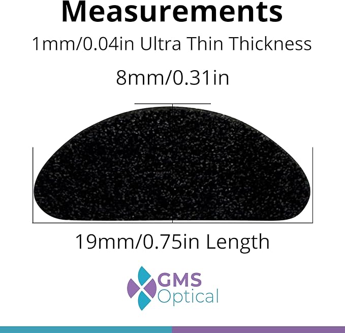 GMS Optical Ultra-Thin Quality Adhesive Halfmoon Felt Nose Pads - Removes Soreness -Extra Large (19mm x 8mm x 1mm) (10 Pair, Black)