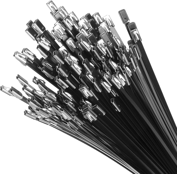 XINGO 48 inch Black Metal Zip Ties Heavy Duty 25 Pack, 304 Stainless Steel Zip Ties, 408 lbs Tensile Strength, Multi-Purpose Self-Locking Cable Ties for Exhaust Wrap, Outdoor and Canopy Etc