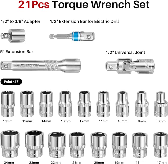 1/2 Inch Drive Torque Wrench Set 10-170 Ft-Lb for Lug Nut Car Moto | Click Inch Pound Torque Socket Set(13.6-230.5Nm),72T Dual Direction 3% Precision, Adjustable Wrench for Bicycle Tire DIY