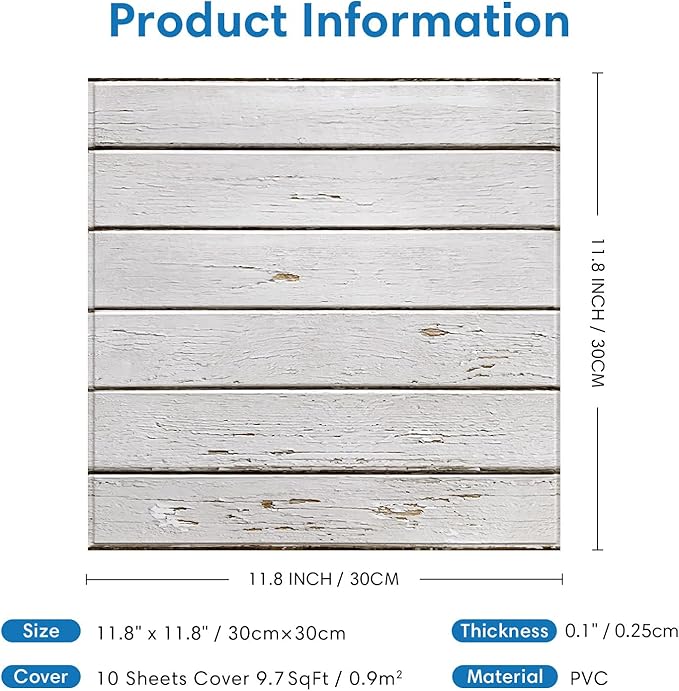 COMSTICKC Peel and Stick Faux Wood Wall Panels Shiplap Wall Sticker, 10 Pcs of 12" x 12", Ultra-Light Thin PVC 3D Fake Wood Adhesive Wall Covering Wallpaper Interior Decor, Vintage White Grain