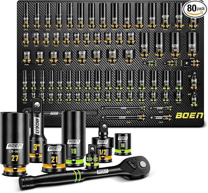 BOEN Pro 80-Pieces 1/2" & 3/8" Drive Master Impact Socket Set, 6 Point Metric Deep & Shallow Sockets (8-32mm), Cr-Mo, Includes 1/2" Drive 90-Tooth Handle Wrench for High-Torque Applications