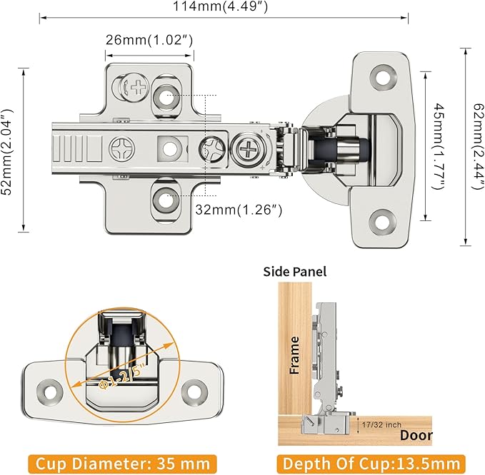 Chibery 50 Pack Frameless Full Overlay Concealed European Hinges, Self Closing Satin Nickel, Soft Close 105 ° Open Angle 4D Adjustment, Speed Control, Clip On, Stainless Steel for Cabinet Door