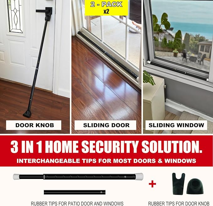 SecurityMan 2-in-1 Door Security Bar & Sliding Patio Door Security Bar (2 Pack) via Interchangeable Caps - Constructed of High Grade Iron - Black
