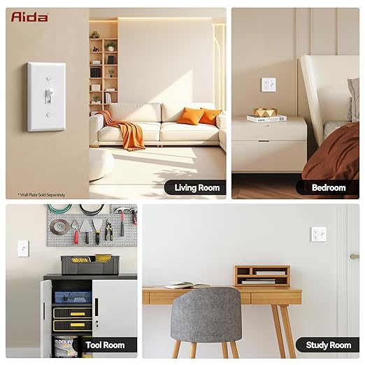 AIDA 4 Pack Single Pole Toggle Light Switch, 15 Amp, 120 Volt, Toggle Framed AC Quiet Switch, in Wall On/Off Switch Replacement, Self-Grounding, Residential and Commercial Grade, UL,Glossy White