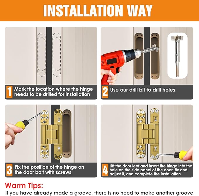 6" Hidden Door Hinge/Concealed Hinges,Invisible Hinges,Invisible Door Silent 180 Degree Swing Hinge 3-Way Adjustable Butt 6 x 2.5 x 1inch (Golden, 6 inches)