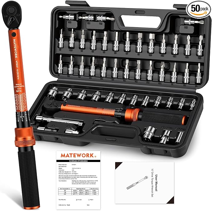 Matework 50PCS Inch Pound Torque Wrench Set, 1/4" Drive Bike Torque Wrench | 10-230 in.lb (1.1-26.0 nm), 72-Tooth Dual Direction Click Torque Wrench with Bit Sockets for Bicycle, MTB, E-Bike Maintenance