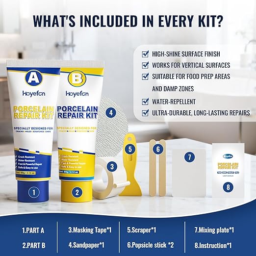 Porcelain Repair Kit White,Tub Chip and Bathtub Repair Kit for Chips, Cracks, Scratches, Rust, Holes on Tubs, Sinks, Tiles, Toilet, Ceramics, Fiberglass, Enamel, Acrylic