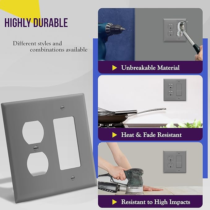 ENERLITES Combination Duplex Receptacle Outlet/Decorator Switch Wall Plate, Mid-Size 2-Gang 4.88" x 4.92", Polycarbonate Thermoplastic, 882131M-GY, Gray