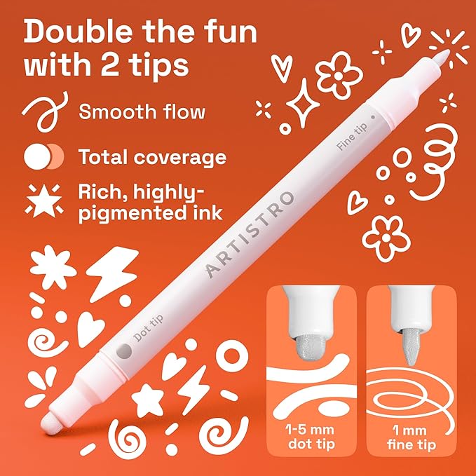 ARTISTRO 12 White Precision Dual-Tip Acrylic Paint Markers – Paint Pens Set with Dot & Fine Tips for Fabric, Rock, Glass, Wood, Coloring Books – Classroom & Art Supplies Gift Teacher Appreciation Gift