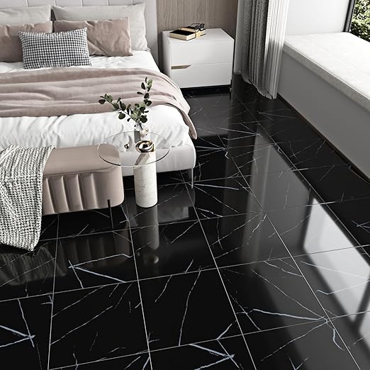 WESTICK 5 Pack Black Marble Vinyl Floor Tile Peel and Stick Flooring Luxury Bathroom Floor Tiles Peel and Stick Waterproof Kitchen Self Sticky Vinyl Flooring Tiles for Bedroom Basement 12" x 12"