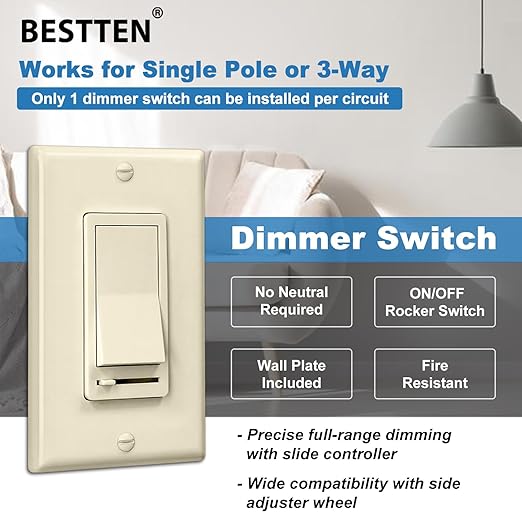 BESTTEN 2 Pack Almond Dimmer Wall Light Switch, Compatible with Dimmable LED, CFL, Incandescent and Halogen Bulb, Single Pole or 3-Way Dimmer Switches, 120VAC, Decorator Wall Plate Included