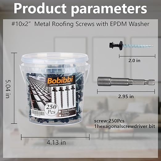 Metal Roofing Screws 10 x 2 inch, Black Hex Head Sheet Metal Roof Screw with EPDM Washer for Corrugated Roofing (250Pcs)
