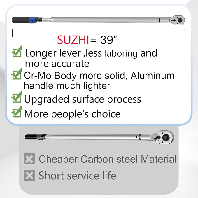 SuZhi 3/4 Inch torque wrench 100-600 ft lb /135.6-813.6 N.M/Aluminum Alloy handle & Cr-Mo Material Head, Heavy Duty, Professional,Dual Direction, Store in Solid Case