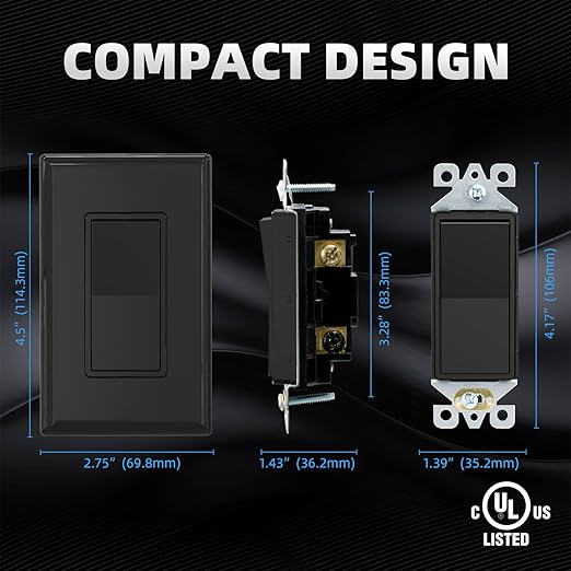 ELEGRP 3 Way Decorator Light Switch, 15Amp, 120-277 Volt, AC Rocker Paddle Wall Switch Replacement, Self-Grounding, Residential Grade, Screwless Wall Plate, UL Listed (20 Pack, Glossy Black)