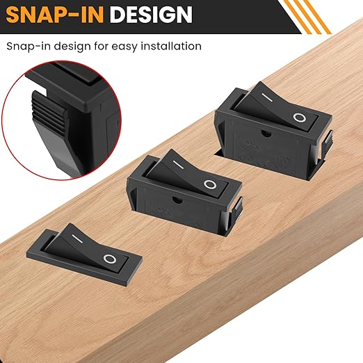 2 Pin 2 Position Boat Shaped Rocker Switch, KCD3-101 ON/Off Snap in Toggle Switch, AC 250V/15A 125V/20A Red Rocker Switch Toggle for Car Auto Boat Household Appliances (Black 6 Pack)
