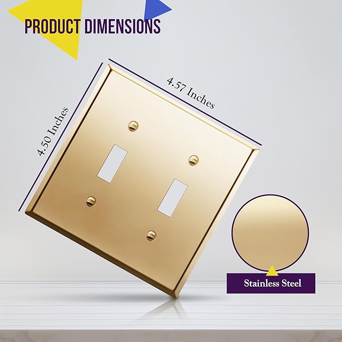 ENERLITES Toggle Light Switch Metal Wall Plate, Stainless Steel 201, Corrosion Resistant, Size 2-Gang 4.50" x 4.57", 7712-PB, Polished Brass, Gold