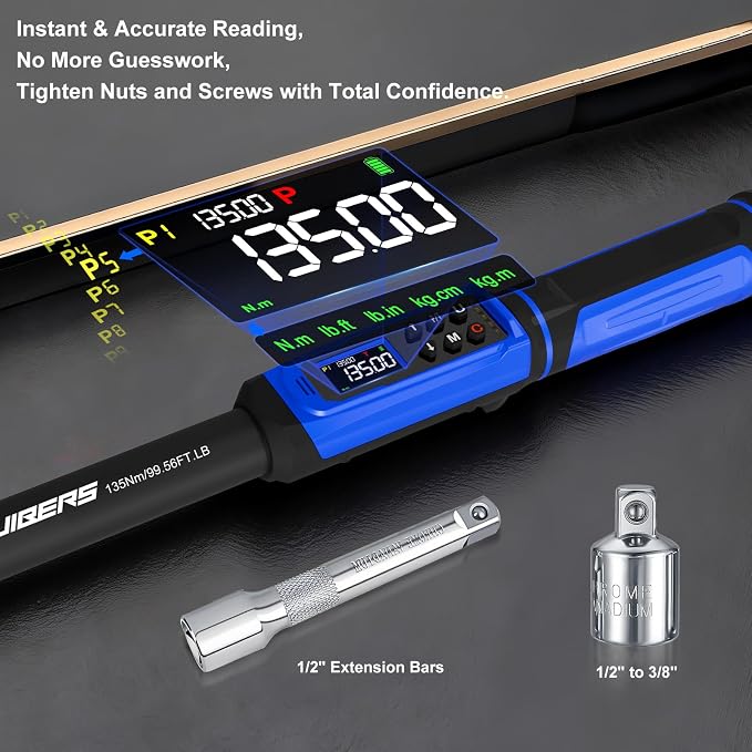 1/2" Digital Torque Wrench 1.5-99.56 Ft-lb (2-135 Nm) with 3/8" Adapter, Electronic Inch Pound Torque Wrench 3/8", 5 Units ±1% Accuracy with Buzzer & LED Alerts for Car Bike Moto