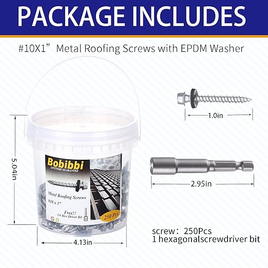 Metal Roofing Screws 10 x 1 inch, Hex Head Sheet Metal Roof Screw with EPDM Washer for Corrugated Roofing (250Pcs)