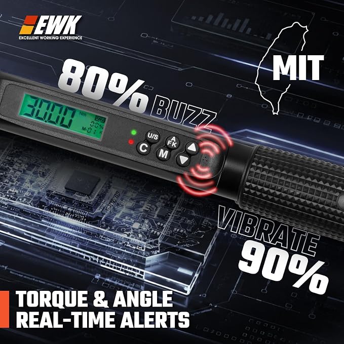 1/4" Drive Digital Angle Torque Wrench 1.1-22.1 ft-lbs (1.5-30 Nm) | ±1.5% clockwise / ±2.5% counterclockwise and angle accuracy of ±2%, LCD Display, LED Buzzer Vibration Alert, 30 Memory Values