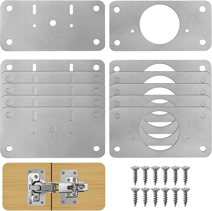 TamBee Cabinet Hinge Repair Plate Kit, Stainless Steel Fixing Plates for Cupboard Door Replacement Rust Resistant Easy to Install, 12 Pcs
