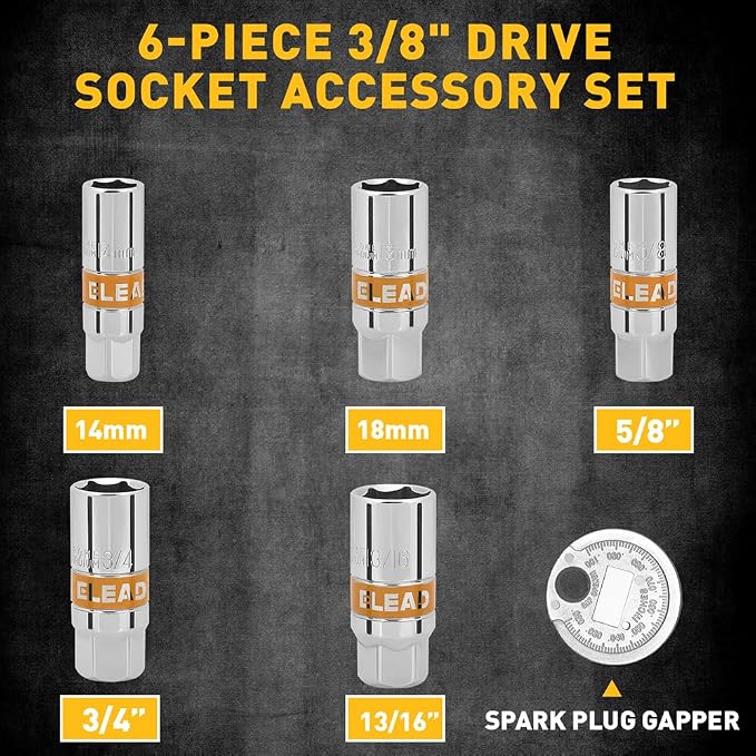 6-Piece 3/8" Drive Spark Plug Socket Set with Spark Plug Gapper, SAE & Metric, 5/8", 3/4", 13/16", 14mm, 18mm, CR-V Sockets with Rubber Holding Rings