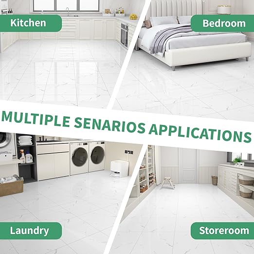 20-Pack Peel and Stick Floor Tiles Vinyl Floor 12 x 12 inch Self Adhesive Waterproof Glossy Flooring Planks DIY for Bathroom, Kitchen, Living Room, RV, Cover 20 Sq. Ft, Polish White Marble