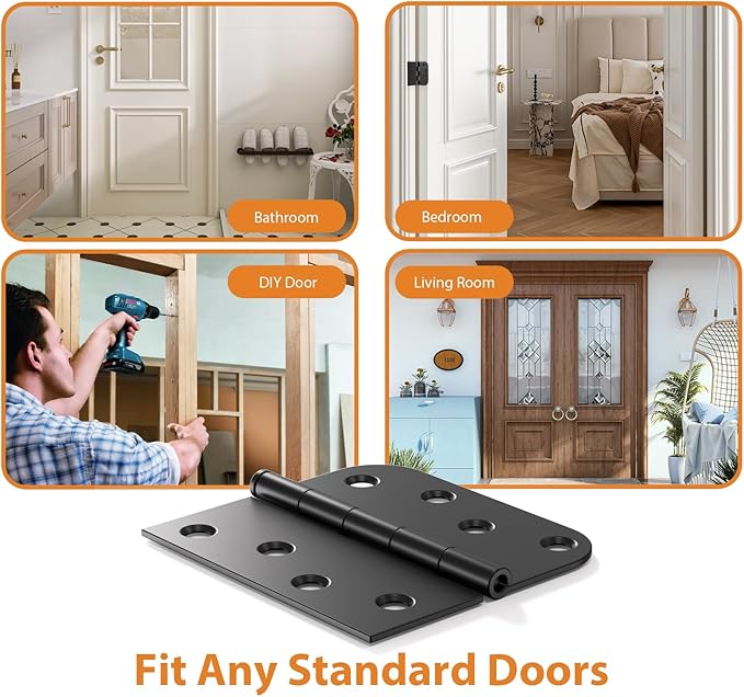 24 Pack Matte Black Door Hinges 4 Inch, Heavy Duty Exterior Hinges with Square & 5/8" Radius Corners, Removable Pin Design for Quiet Residential Front & Back Doors