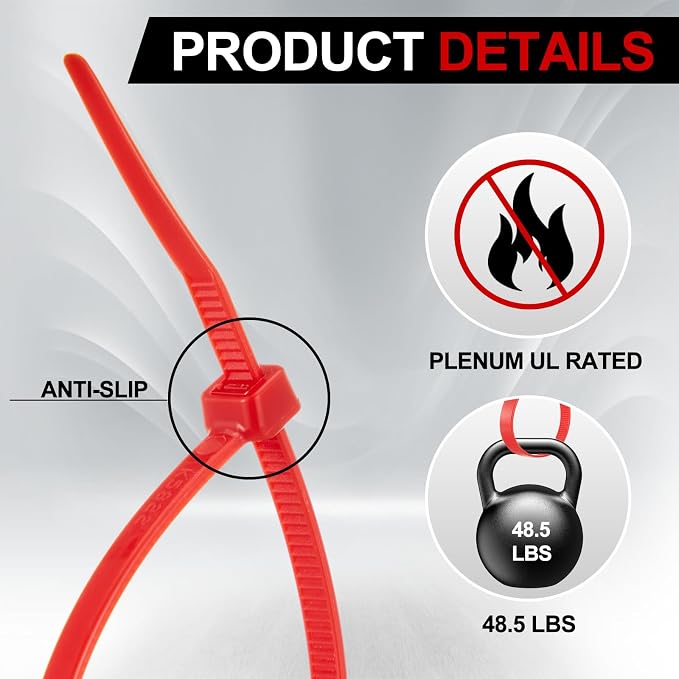 SATINIOR 1000 Pack 8" Red Plenum UL Rated Cable Ties Bulk Wire Zip Ties with 50 lb Tensile Strength for Premium for HVAC & Commercial Air-Handling Use Industry Aviation Data Center