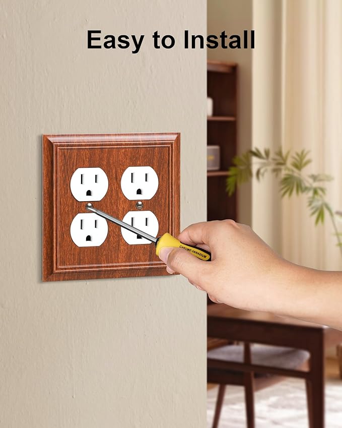 2-Pack Double Duplex Outlet Cover, Wood Grain Decorative Switch Plates and Outlet Covers for Electrical Outlets, Durable Natural Bamboo Fiber Wall Plates, 2 Gang Receptacle Cover
