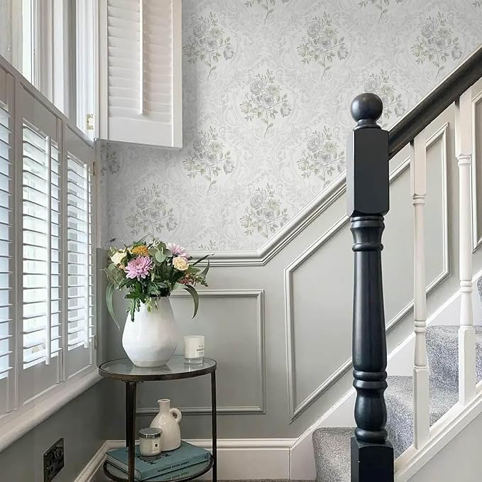 Ismoon Vintage Peel and Stick Wallpaper Floral Contact Paper Boho White and Grey Watercolor Damask Wallpaper Textured Removable Self Adhesive Vinyl Wall Paper for Bedroom, 17.3 in X 32.75ft