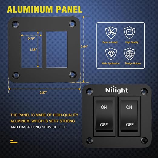 Nilight 2 Gang ON-Off Switch Panel 4 PIN DPST Toggle Switches 12V 20A Black Anodized Aluminium Shell Bracket with Screws Ternimals Jumper Wires Set for Cars Trailers Boats RV Camper