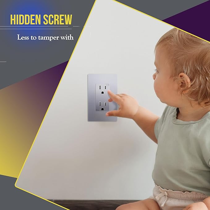 ENERLITES Elite Series Screwless Decorator Wall Plate Child Safe Outlet Cover, Gloss Finish, Size 1-Gang 4.68" H x 2.93" L, Unbreakable Polycarbonate Thermoplastic, SI8831-SV-10PCS, Silver (10 Pack)