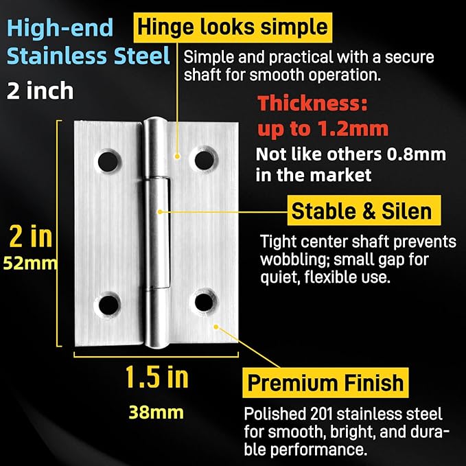 6 PCS Door Hinges 2 inch Stainless Steel Small Hinges Cabinet Hinges for Mini Door, DIY Wooden Box, Furniture, Woodworking Craft Project, Rust-Resistant, 24 Screws, Silver