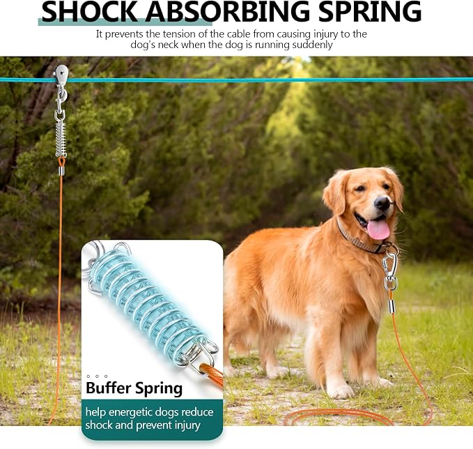 Professional Dog Runner Trolley System，Heavy Duty & Adjustable 60ft Dog Zip Line with 10ft & 15ft Tie Out for Large Dogs Up to 250lbs, Chew Proof Dog Run Cable for Yard, Camping & Outdoor Adventure